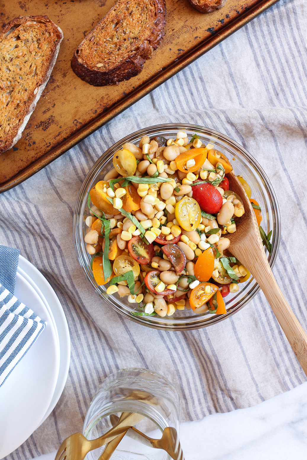 No-cook summer corn, tomato, basil & white bean salad