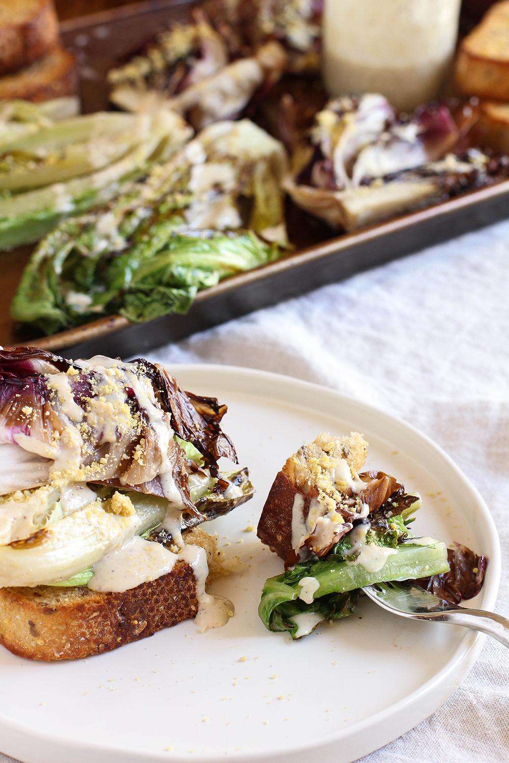 Vegan grilled Caesar with garlic tahini dressing