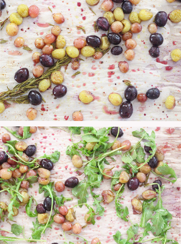 Rosemary roasted grapes with arugula - the perfect topping for crostini.