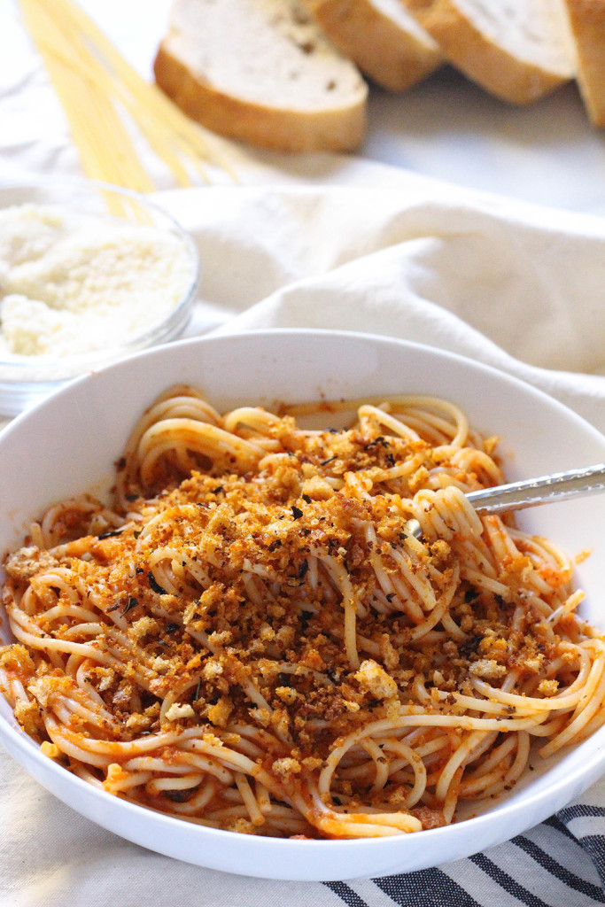 weeknight marinara with garlic oil breadcrumbs