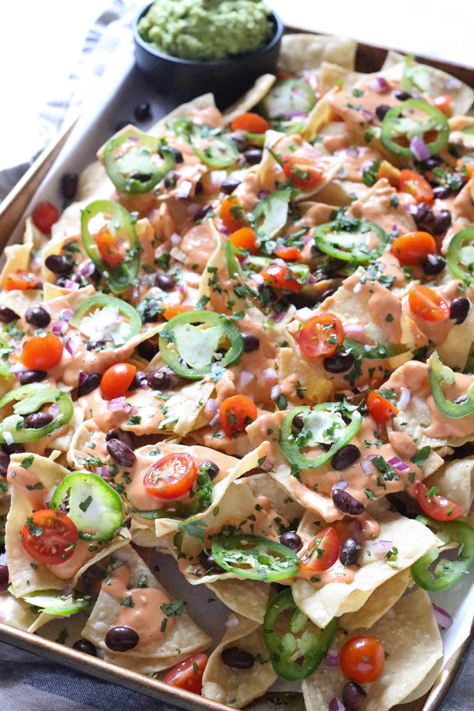 Vegan Game Day Nachos with chipotle queso