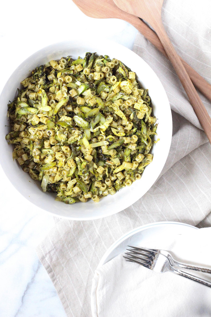 Very green pasta salad with roasted asparagus, broccolini, artichokes and pistachio mint pesto.