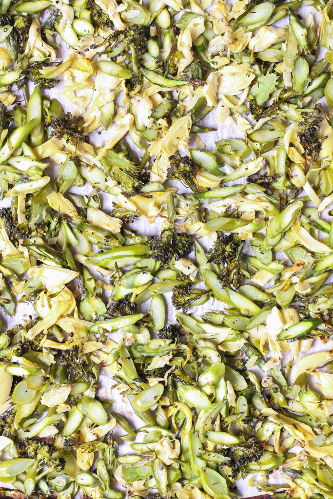 Very green pasta salad with roasted asparagus, broccolini, artichokes and pistachio mint pesto.