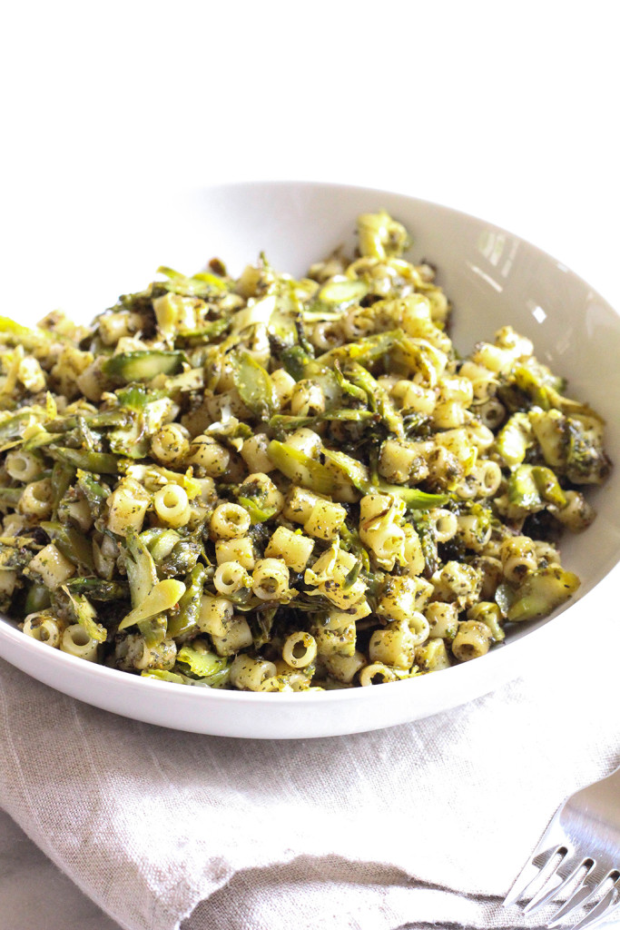 Very green pasta salad with roasted asparagus, broccolini, artichokes and pistachio mint pesto.