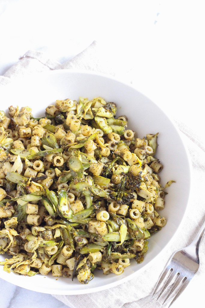 Very green pasta salad with roasted asparagus, broccolini, artichokes and pistachio mint pesto.