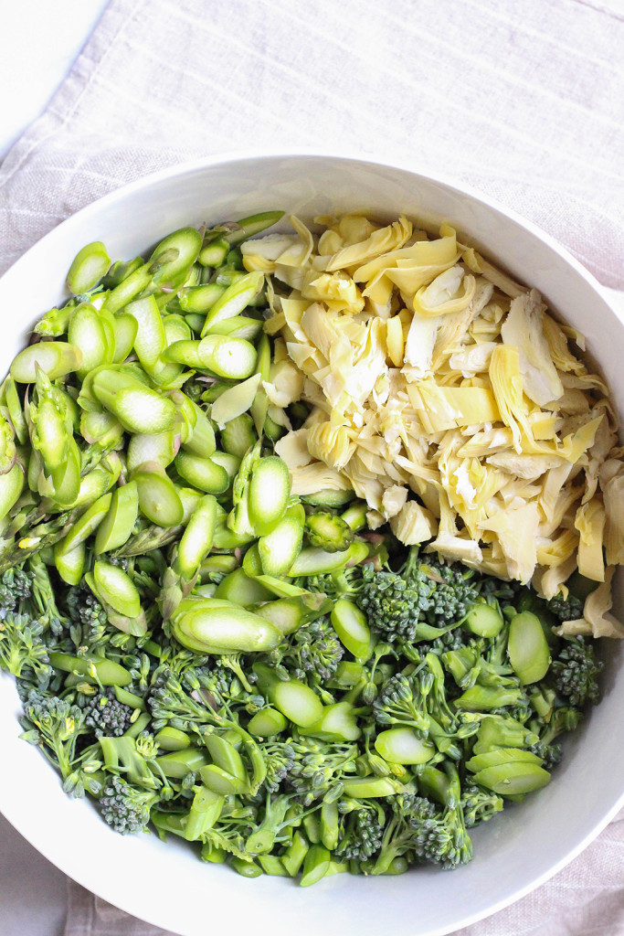 Very green pasta salad with roasted asparagus, broccolini, artichokes and pistachio mint pesto.