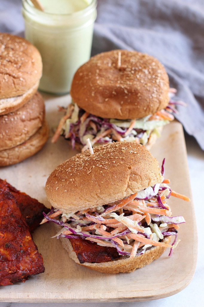 Barbecue tempeh burgers with creamy ranch slaw - perfect for summer cookouts