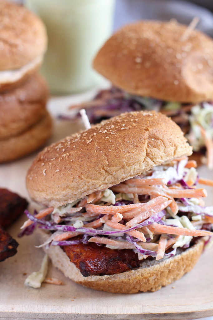 Barbecue tempeh burgers with creamy ranch slaw - perfect for summer cookouts