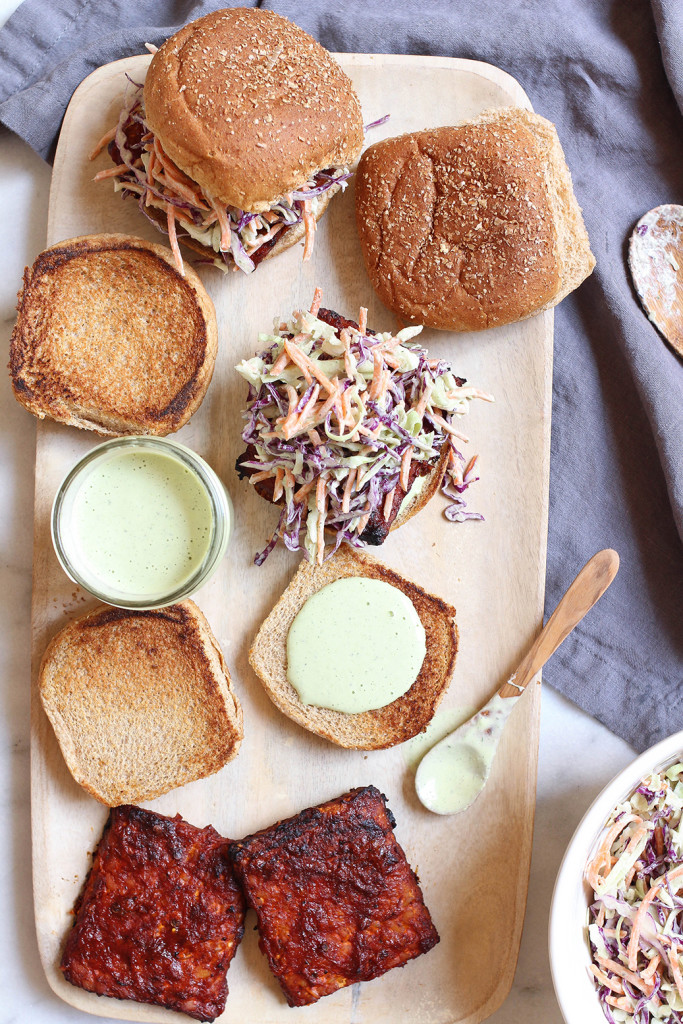 Barbecue tempeh burgers with creamy ranch slaw - perfect for summer cookouts