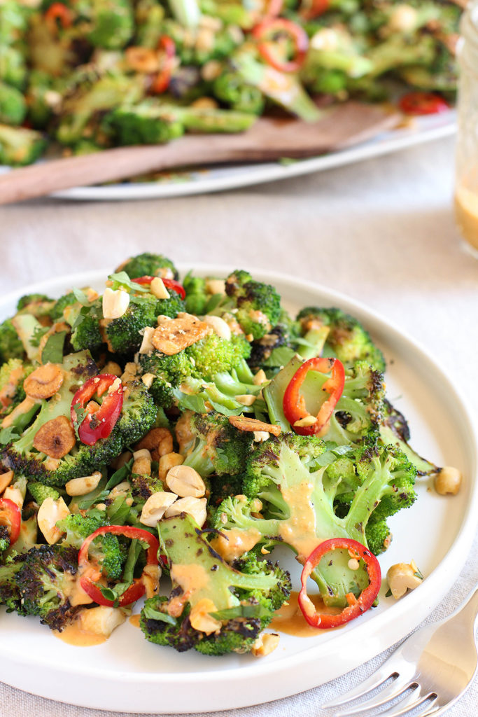 Spicy Broccoli Salad with peanut dressing and crispy garlic chips - vegan & gluten free