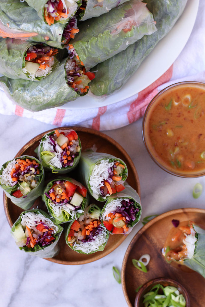 Veggie spring rolls with spicy peanut dipping sauce - vegan & gluten free