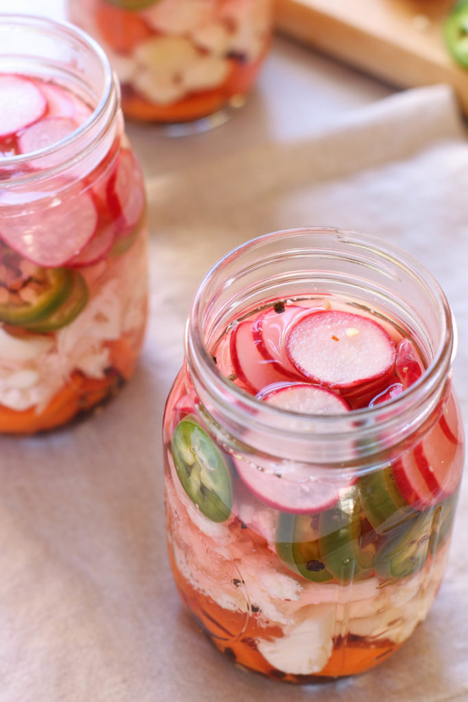 Classic escabeche - Mexican quick pickled cauliflower, carrots, radishes & jalapenos