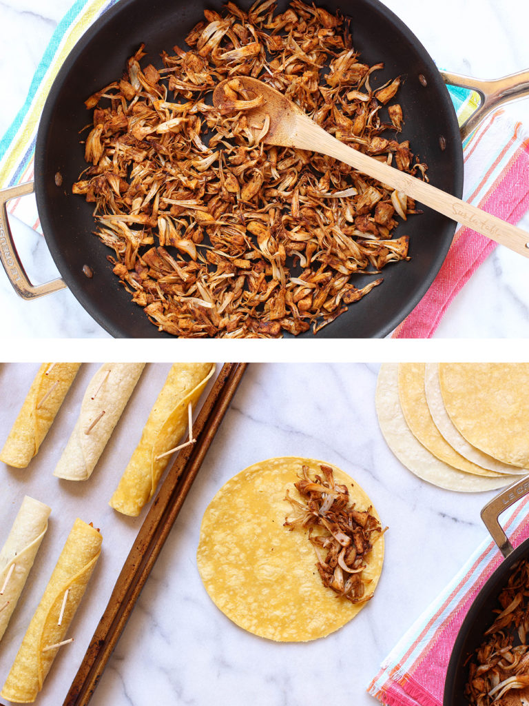 Baked jackfruit taquitos with spicy Southwest dipping sauce - vegan & gluten free