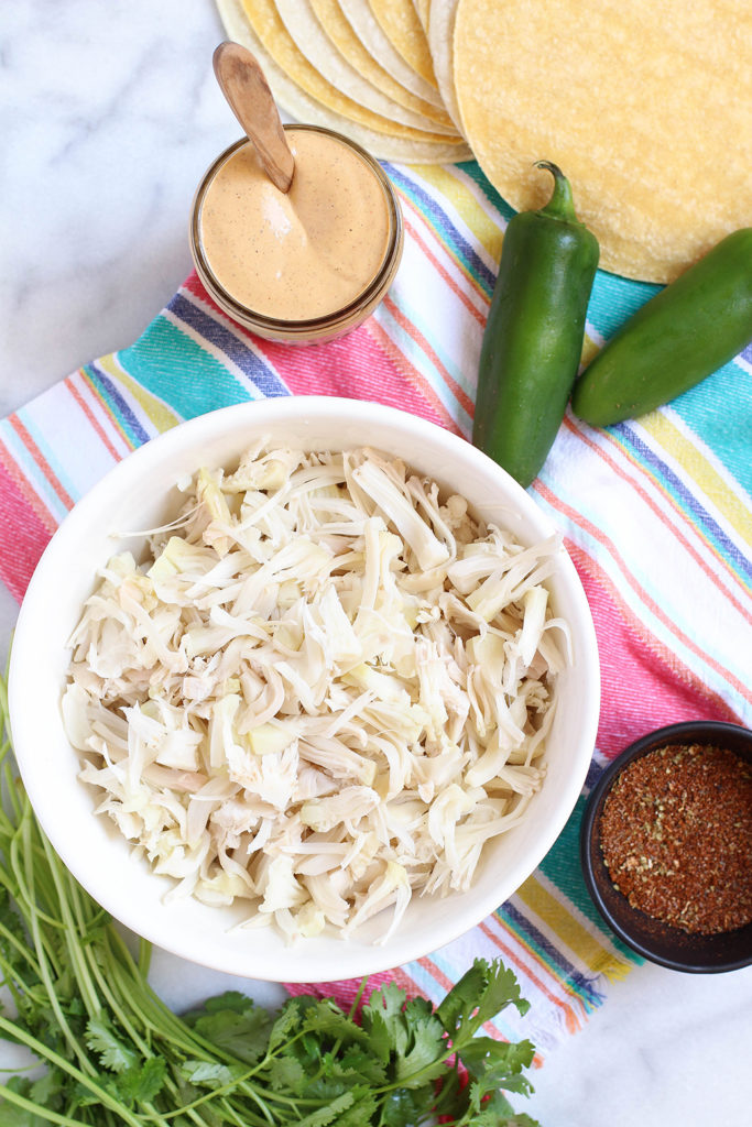 Baked jackfruit taquitos with spicy Southwest dipping sauce - vegan & gluten free