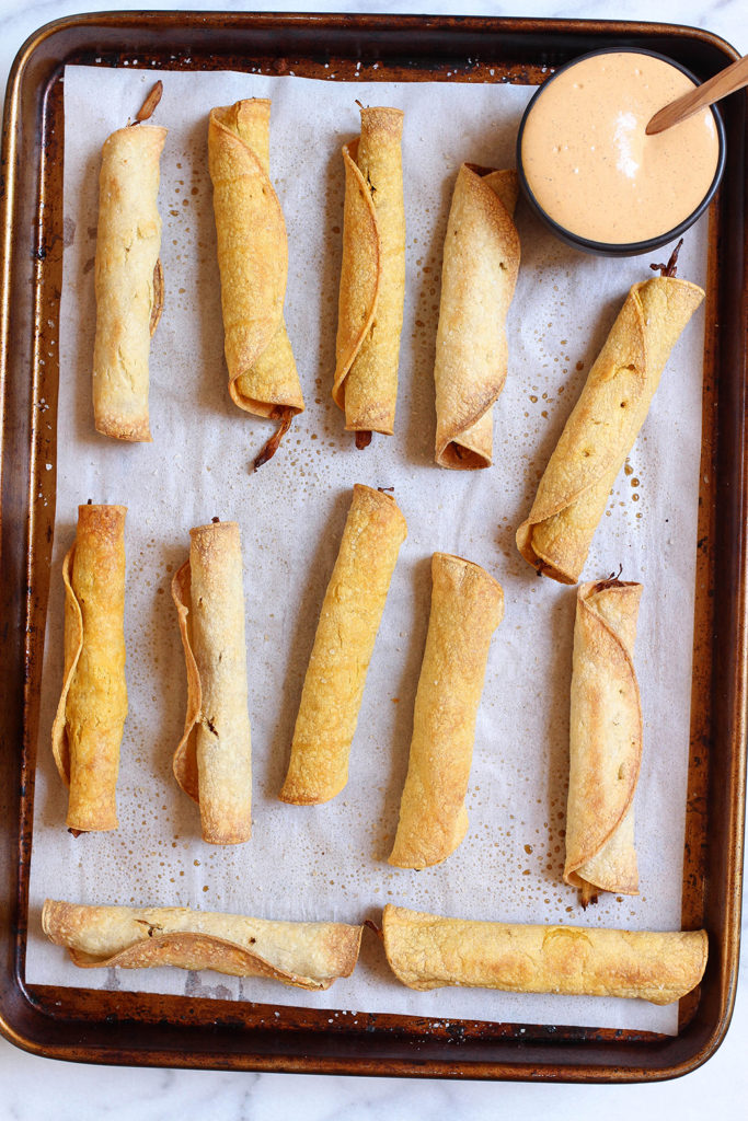 Baked jackfruit taquitos with spicy Southwest dipping sauce - vegan & gluten free