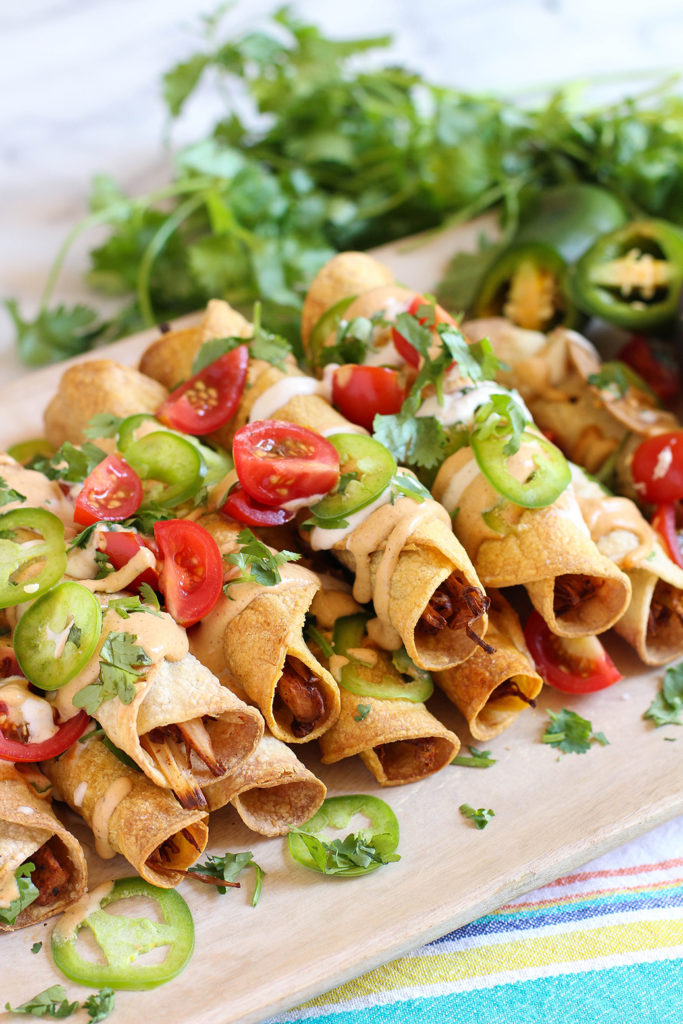 Baked jackfruit taquitos with spicy Southwest dipping sauce - vegan & gluten free