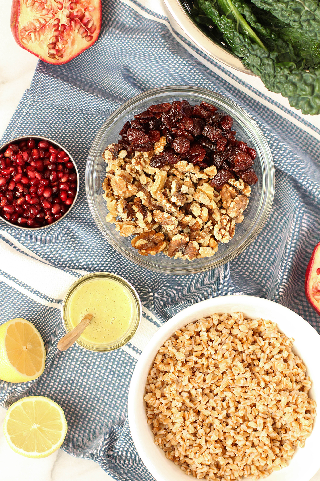 Fall Kale & Farro Salad - with pomegranate, walnuts, cherries & lemon oregano vinaigrette