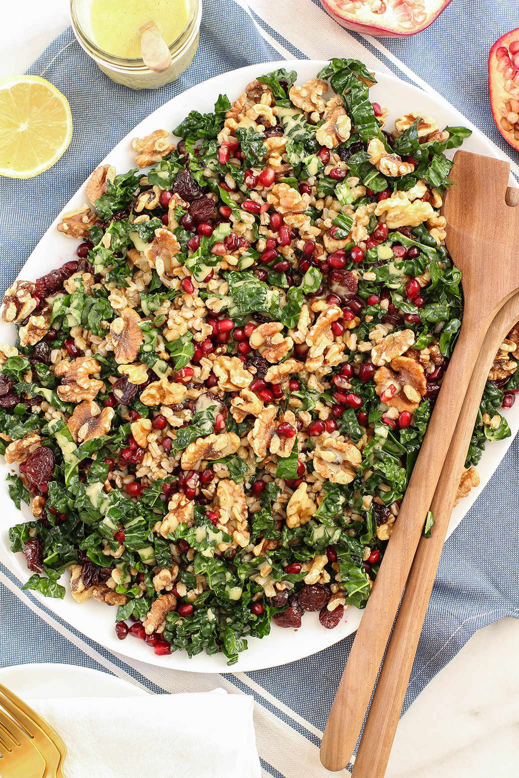 Fall Kale & Farro Salad - with pomegranate, walnuts, cherries & lemon oregano vinaigrette