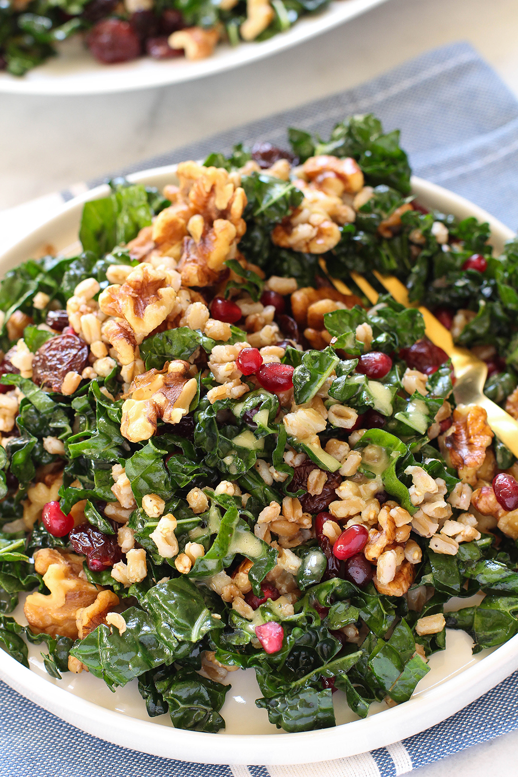 Fall Kale & Farro Salad - with pomegranate, walnuts, cherries & lemon oregano vinaigrette