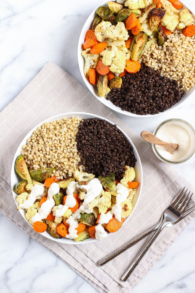 Roasted Veggie Harvest Bowls with herbed black lentils, sorghum & horseradish cashew cream - vegan & gluten free