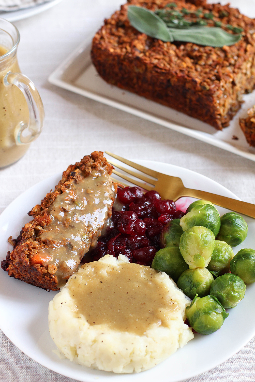 Vegan & gluten free lentil loaf with classic brown onion gravy