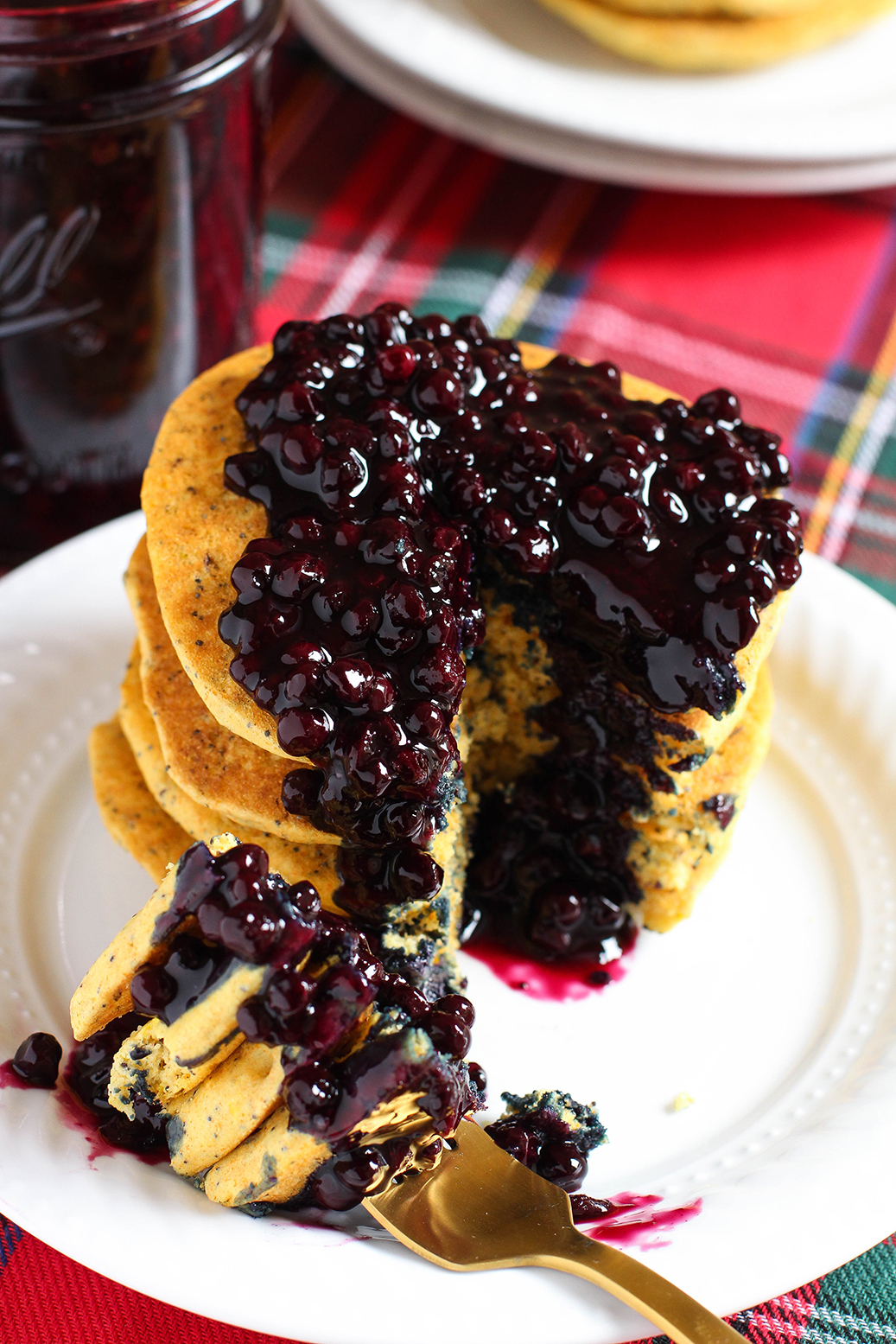 Lemon Poppy Seed Cornmeal Pancakes with Blueberry Compote - vegan & gluten free