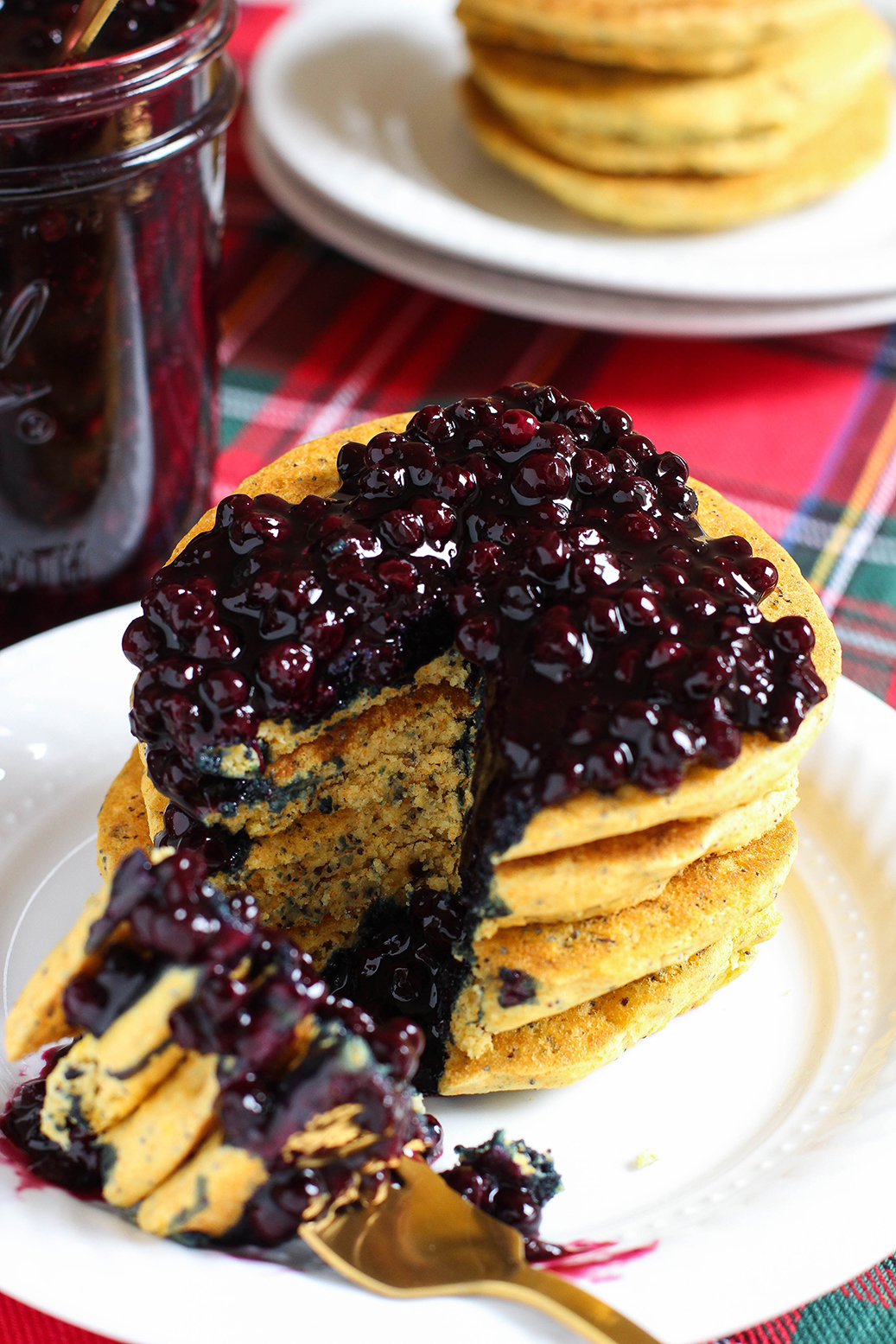 Lemon Poppy Seed Cornmeal Pancakes with Blueberry Compote - vegan & gluten free