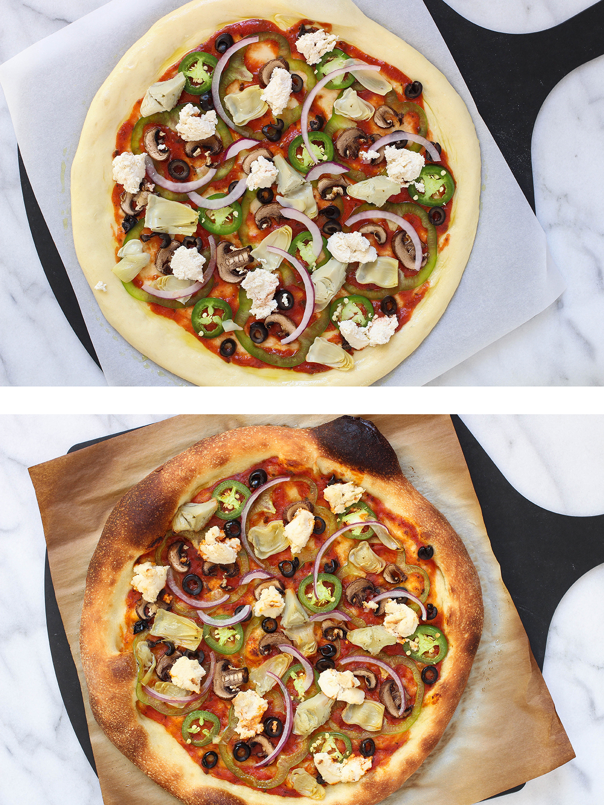 The Best Damn Homemade Pizza...Ever - the best dough, how to bake it, plus two toppings - Vegan Veggie Pizza and Vegetarian White Pizza with Potato & Asparagus