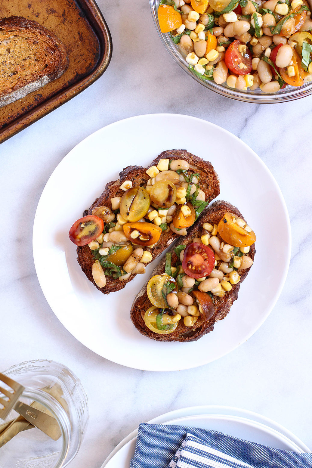 No-cook summer corn, tomato, basil & white bean salad