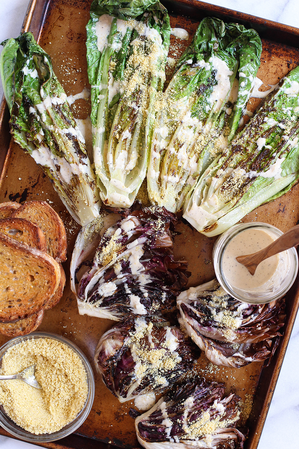 Vegan grilled Caesar with garlic tahini dressing