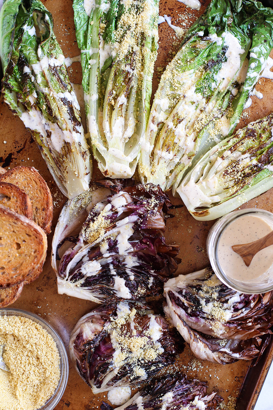 Vegan grilled Caesar with garlic tahini dressing